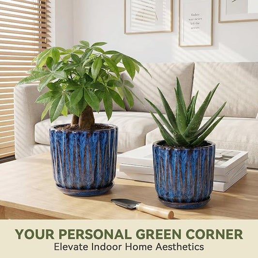 10 Inch Ceramic Planter Pot with Saucer Drainage Leak-Proof Mesh,Flower Pots for Indoor Plants with Gardening Gloves,Ceramic Planter(Peacock-Blue)