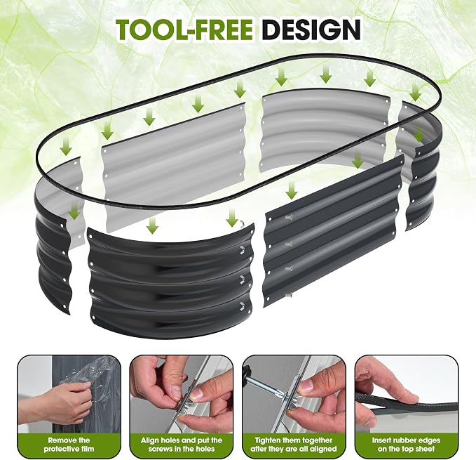 4x2x1ft(2 Pack) Galvanized Raised Garden Bed Outdoor, Oval Large Metal Planter Garden Boxes for Gardening, Planting Deep Root Vegetables, Herbs, Fruits, Flower, Rustproof, Rubber Strip, Gray