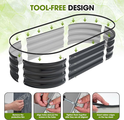 4x2x1ft(2 Pack) Galvanized Raised Garden Bed Outdoor, Oval Large Metal Planter Garden Boxes for Gardening, Planting Deep Root Vegetables, Herbs, Fruits, Flower, Rustproof, Rubber Strip, Gray