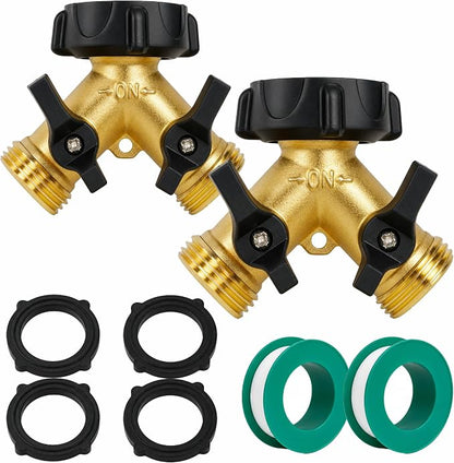 Hourleey 2 Pack Brass Garden Hose Splitter 2 Way, 3/4 Inch Hose Connector Tap Splitter, Hose Y Splitter, Hose Spigot Adapter 2 Valves with 4 Extra Rubber Washers