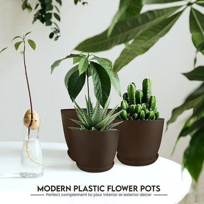Utopia Home - Plant Pots Indoor with Drainage - 7/6.6/6/5.3/4.8 Inches Garden Flower Pots for Indoor Planter - 5 Pack Brown Plastic Planters - Ideal for Stocking Stuffers or Room, Office Home Decor