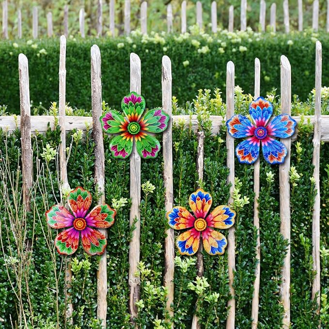 Giyyomtr Metal Flowers Wall Decor - 4pcs 6.2'' Metal Wall Art Hanging Decorations for Outdoor Fence Garden Yard Patio Exterior Home Wall Decor