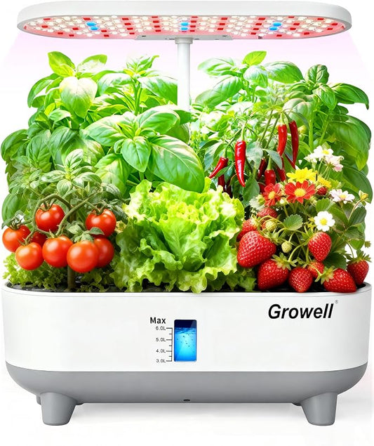 Growell Hydroponics Growing System Kit, 16 Pods, Vertical 8L Indoor Gardening System for Herb Vegetable Fruit, Hydro Garden with LED Grow Light, Smart Water Circulation, 3 Light Modes & 2 Timer, White