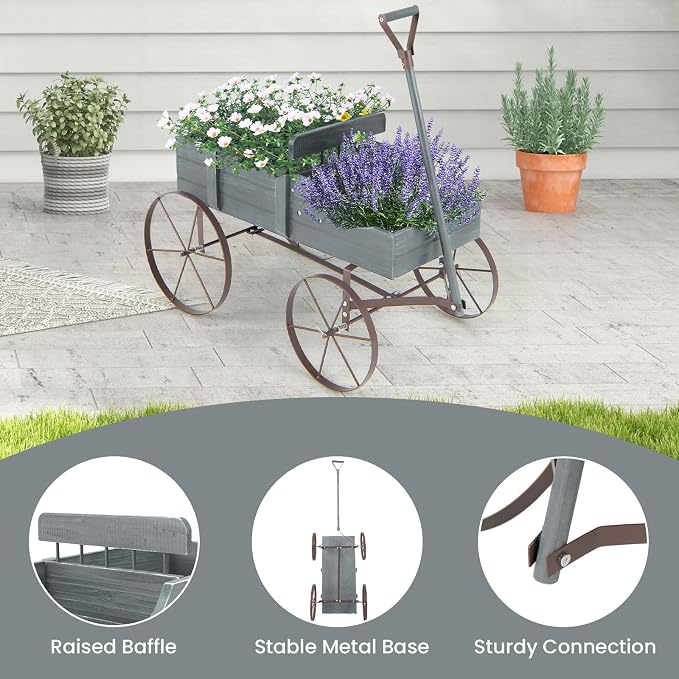 Goplus Wagon Planter, Decorative Wooden Garden Planter with Wheels, 2 Planting Sections and Adjustable Handle, Indoor Outdoor Backyard Balcony Decor (Gray)