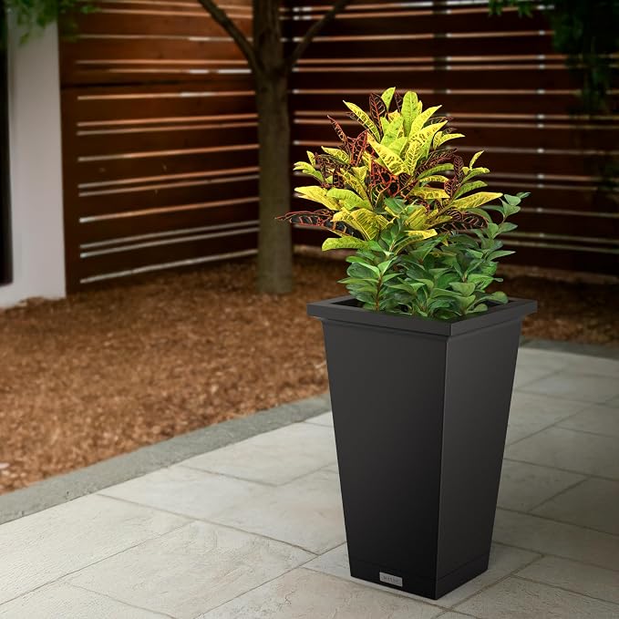 Mayne Renew 24 Inch Planter, Weather Resistant Outdoor Tall Planter with Smart Drainage Planting Insert and Drip Tray, Tapered Modern Flower Planter for Patio Garden or Entryway Decor