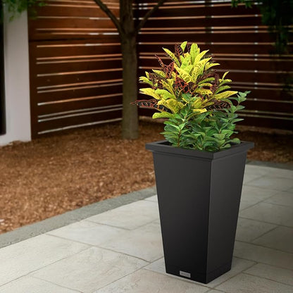 Mayne Renew 24 Inch Planter, Weather Resistant Outdoor Tall Planter with Smart Drainage Planting Insert and Drip Tray, Tapered Modern Flower Planter for Patio Garden or Entryway Decor