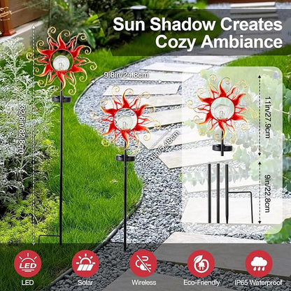 Solar Lights Outdoor Waterproof Red Sun Metal Crackle Glass Stake Decorative for Outside,Yard,Lawn,Patio,Walkway Mothers'Day Gifts Mom Grandma Garden Lover
