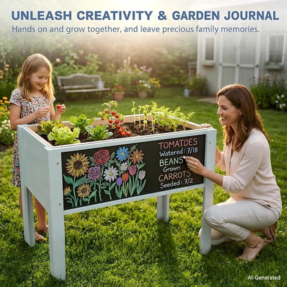 Raised Garden Bed with DIY Chalkboard, 30 x 24 x 18 Inch Wooden Elevated Raised Garden Bed, Outdoor Planter Box with Legs for Vegetables Grass Lawn Yard, Green