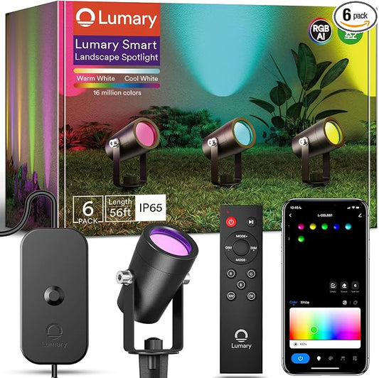 Lumary 6 Pack Smart Landscape Lights Gen2, 56FT Outdoor Spotlights | RGBAIWW color changing, warm white, IP65 outdoor rated, app/Alexa/Google/remote control, 56FT cable for yard & pathway