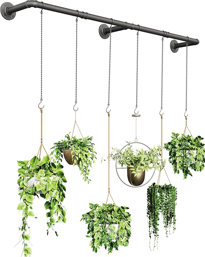 SOFITORG 65.7" Metal Plant Hanging Rod with 6 Chains, Pots Not Included | Wall Plant Hanging Bar, Durable Hanging planter holder for Window Ceiling, Easy Assembly, All Hardware Included, Black