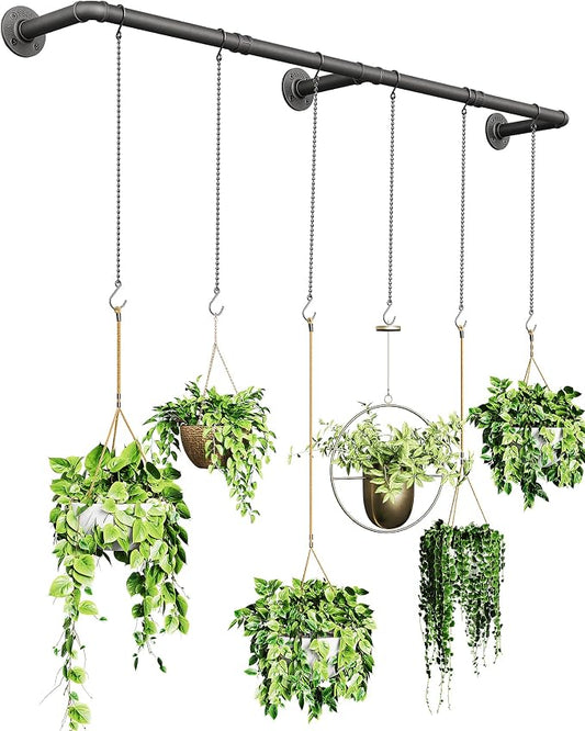 SOFITORG 65.7" Metal Plant Hanging Rod with 6 Chains, Pots Not Included | Wall Plant Hanging Bar, Durable Hanging planter holder for Window Ceiling, Easy Assembly, All Hardware Included, Black