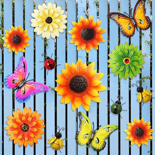 Beeveer 14 Pcs Metal Flower Decor 3D Sunflower Daisy Multicolored Garden Art Outdoor Decorations Butterfly Bee Ladybug Wall Art for Yard Fence Home