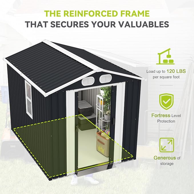 KEIKI 8x6 FT Outdoor Storage Shed, Heavy Duty Metal Garden Shed with Lockable Sliding Doors, Air Vents & Sloped Roof, Waterproof Backyard Tool Shed for Lawn Equipment, Patio Furniture, Dark Gray