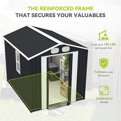 PVWIIK 8x6 ft Metal Outdoor Storage Shed with Windows & Air Vents, Lockable Waterproof All-Weather Utility Shed for Garden Tools & Trash Bins, Dark Gray