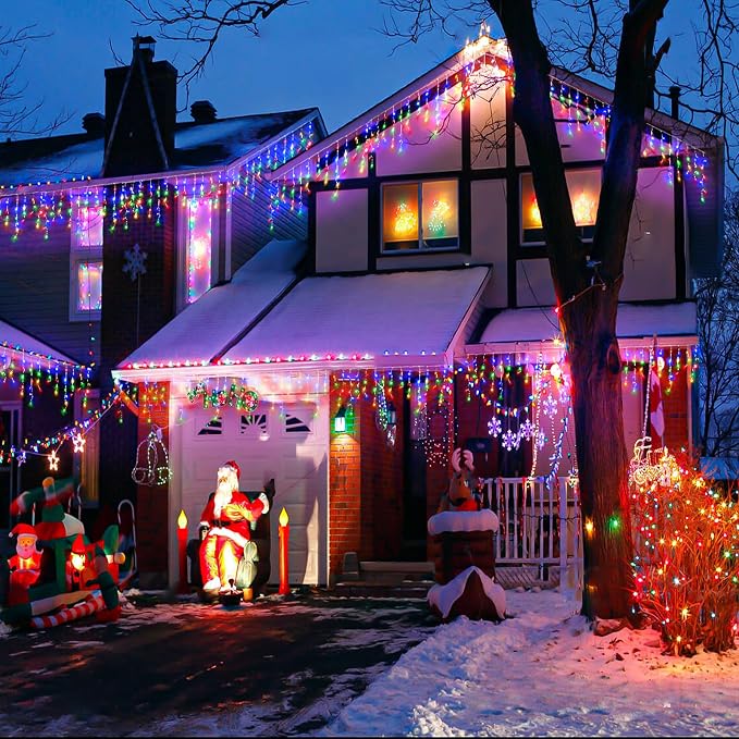 Icicle lights Outdoor - 33ft Christmas Lights with 400LED 75 Drops 8 Modes, Plug in Curtain String Lights Waterproof for Holiday Wedding Party Home Garden Bedroom Indoor Outdoor Decoration, Multicolor