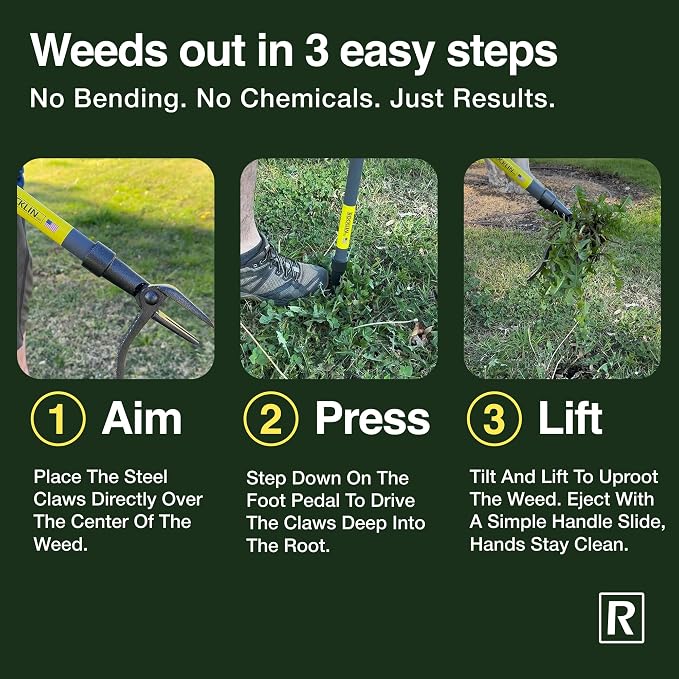 Rocklin Stand Up Weed Puller Tool Long Handle 48” | No Bending or Kneeling | 4-Claw Steel Head, Heavy Duty Dandelion Root Extractor & Weed Remover for Lawn