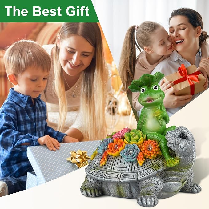 Solar Garden Outdoor Statues Turtle& Frog with Succulent and 8 LED Lights, Turtle Carrying Lotus Leaf Frog Figurines, Lawn Decorations for Patio Yard Gifts for Mom Grandma Housewarming