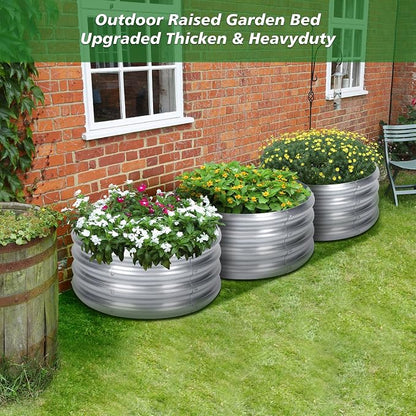 PINPON 2-Pack Galvanized Raised Garden Bed 2x2x1 ft, Round Metal Planter Box Outdoor for Vegetables Flowers, Heavy-Duty Rust-Resistant, Also Use as Fire Pit Ring for Backyard Camping