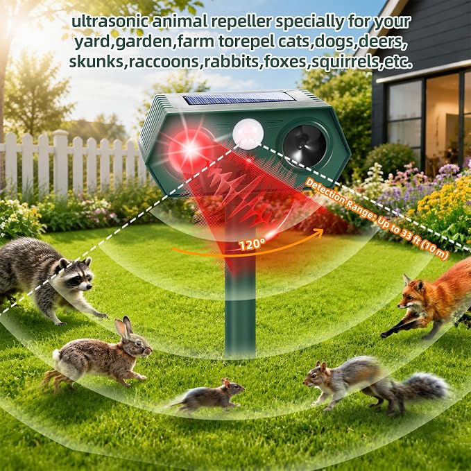 Sonic Fortress Pro Deer Repellent Devices Squirrel Fortress Pro Raccoon Repellent Solar Ultrasonic Animal Repeller Outdoor IP65 Motion Activated Cat Deterrent to Scare Rabbit Dog for Garden Lawn(4)