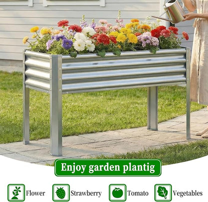 Galvanized Raised Garden Bed with Legs, 43×24×32in Large Metal Elevated Raised Planter Box with Drainage Holes for Backyard, Patio, Balcony, 400lb Capacity,Sliver