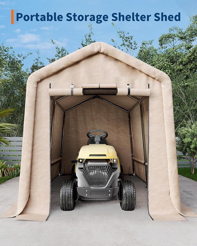 6x6FT Outdoor Portable Storage Shed with Roll-Up Door & Vent, 240G Heavy-Duty Shelter Waterproof PE Tarp, UV-Resistant Storage Sheds for Motorcycle, Firewood, Garden and Tools, Gray (Khaki, 7x10FT)