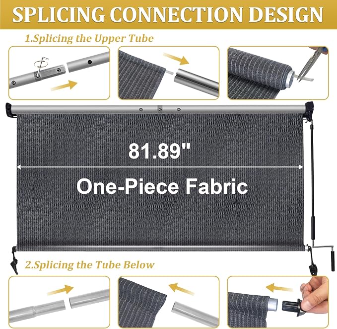 Shade&Beyond Outdoor Roller Shades with Splicing Design, 7' W x 8' H Cordless Patio Roll Up Blinds, Exterior Shade Cloth Roll for Porch, Gazebo, Pergola, Balcony, Blue Gray
