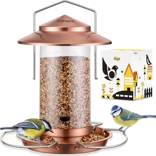 iBorn Bird Feeder Metal Chew-Proof Bird Feeders for Outdoors Hanging Outside for Cardinal, Holds 1.32LB Seed with 3 Perchs, Brushed Copper (Seed is not Included)