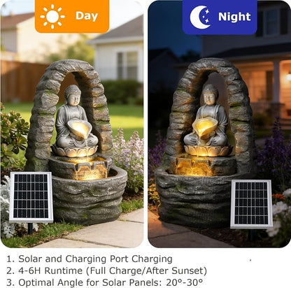 Buddha Solar Water Fountain Outdoor Garden, 27.2" H Cascading Zen Waterfall Solar Power Water Fountain with LED Lights for Backyard, Patio, Porch, Deck, Garden and Home Art Decor