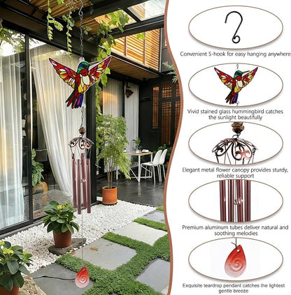 Wind Chimes for Outside, Amber Stained Glass Hummingbird Wind Chime, Deep Tone Memorial Gifts for Women Mom Grandma, Durable Metal Garden Patio Yard Window Decoration