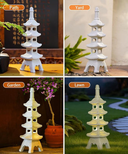 Nacome Solar Pagoda Garden Statues: 25.6 inches Multi-Layer Outdoor Weatherproof Resin Zen Decor for Landscape Balcony Patio Porch Yard Ornament(Gray)