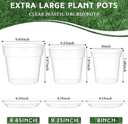 Baderke 3 Pack Clear Nursery Pot Plastic Nursery Pot Large Plant with Drainage Holes for Root Health Indoor Outdoor (8 Inches,9.25 Inches,9.6 Inch)