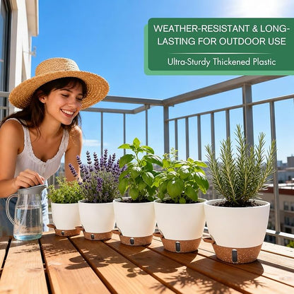5-Pack Self Watering Flower Pots for Indoor Plants, 10/9/8/7/6.5Inch PP Plastic Plant Pots Indoor with Drainage & Water Level Indicator, Indoor Planters with Drainage, Self Watering Planters, White