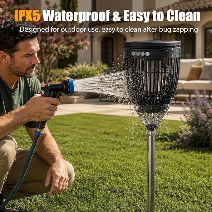 Rossetta Solar Bug Zapper Outdoor, Fly Zapper with Flame & Projector Light | 4200V Shock Grid, Solar & USB Charging, IPX5 Waterproof, Auto Mode, Cordless Electric Mosquito Killer for Patio, Garden