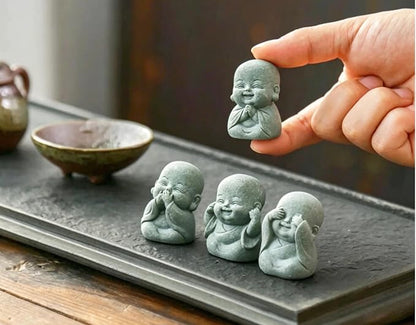 4-in-1 Mini Buddha Statue Set - See/Hear/Speak/Think No Evil, Zen Feng Shui Decor for Home, Aquarium, Garden, Office - Spiritual Resin Figurines with Blessing Amulet (Mini Laughing Buddha)