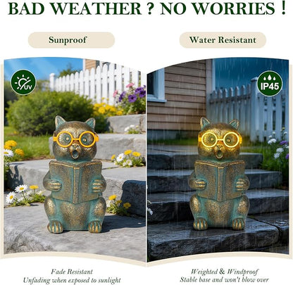Solar Reading Cat Decor with Light-Up Glasses Patina Garden Statues | Resin Outdoor Animal Ornament for Patio Yard Porch, Birthday Housewarming Gifts for Women Cat Lovers