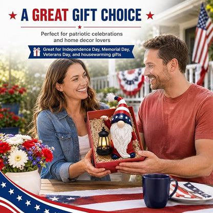 Solar Patriotic Gnome Lantern Statue, 9.4" Independence Day Garden Decor, American Flag Gnome Outdoor Decorations for Patio, Yard, Porch, and Lawn; Memorial Day and 4th of July Decor