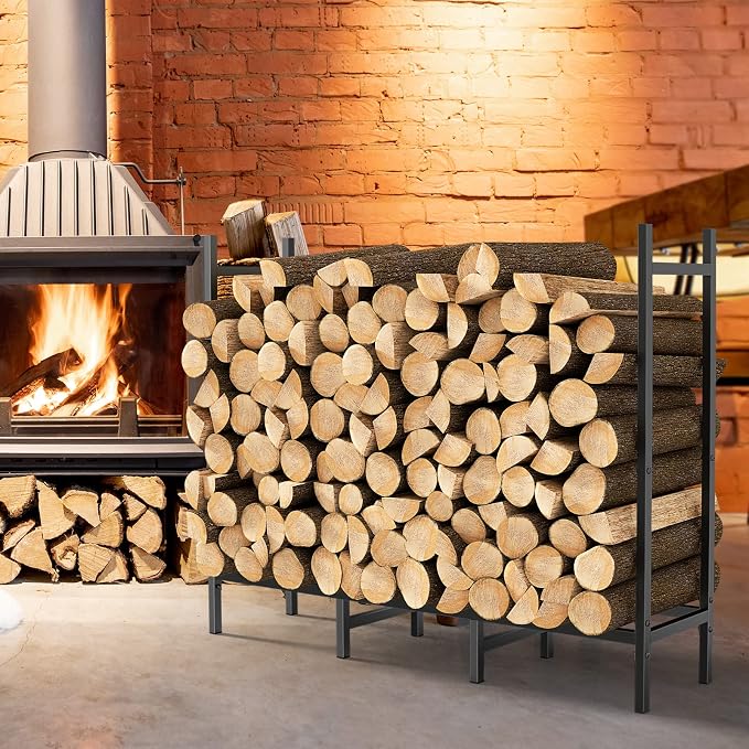 4FT Firewood Rack Indoor Outdoor, Heavy Duty Log Holder Stand for Fireplace, Adjustable Wood Storage Organizer with Weather-Resistant Tubular Steel, Cradle for Kindling & Stacking Logs