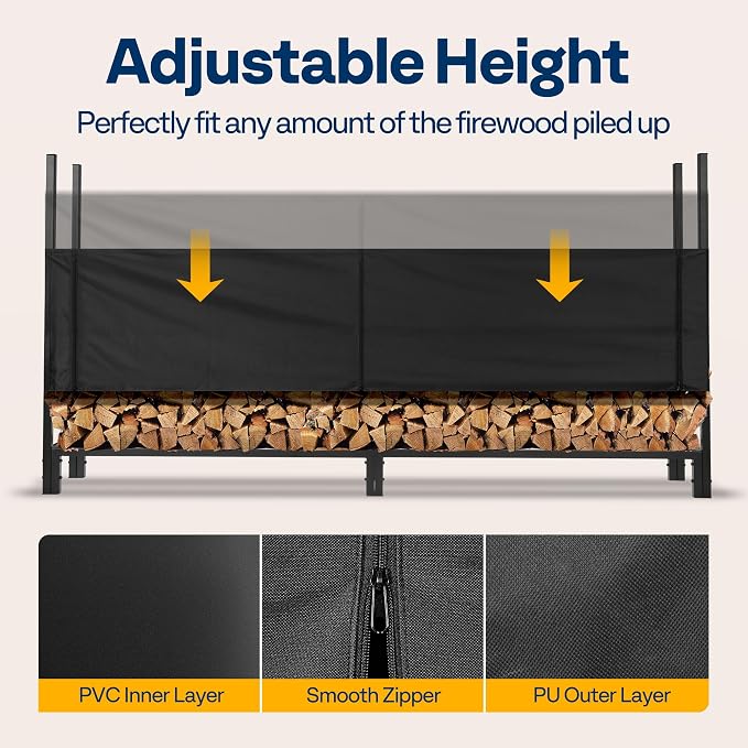 VIVOHOME Upgraded Heavy Duty 8 ft 1/2 Cord Firewood Rack Outdoor with Cover Combo Set, Thick Steel Log Holder Up to 3300 lb, Fire Wood Pile Storage Stand Organizer Black