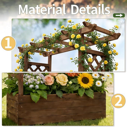 VINGLI 45 in Raised Garden Bed with Trellis & Hanging Roof, Wooden Elevated Planter Box with Drainage Holes for Outdoor Climbing Plants Vegetables Flowers, Patio Yard Balcony (Carbonized Wood, Medium)