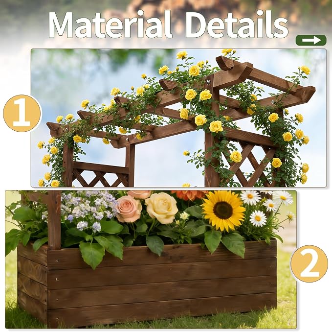 Vasitelan Raised Garden Bed with Trellis, Wooden Elevated Planter Box w/Drainage Holes & Removable Bottom Panels for Climbing Vine Flower, Indoor Outdoor Wood Planter for Yard Patio (Brown)