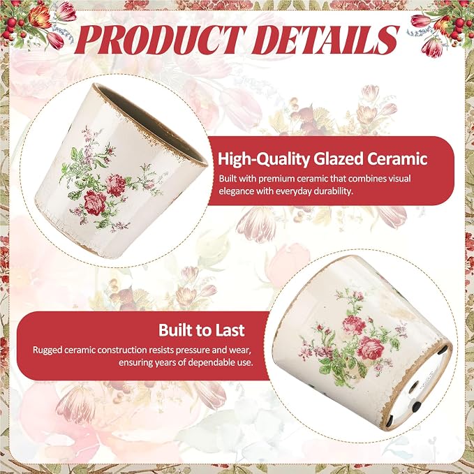 Beeveer 1 Pcs Ceramic Floral Plant Pots with Drainage Hole 5.5 Inch Vintage Farmhouse Accent Planter Rustic Ice Glazed Crack Flower Planter for Indoor Outdoor Home Decor (Pink Rose,Beige and Pink)
