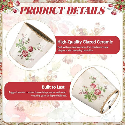 Beeveer 1 Pcs Ceramic Floral Plant Pots with Drainage Hole 5.5 Inch Vintage Farmhouse Accent Planter Rustic Ice Glazed Crack Flower Planter for Indoor Outdoor Home Decor (Pink Rose,Beige and Pink)