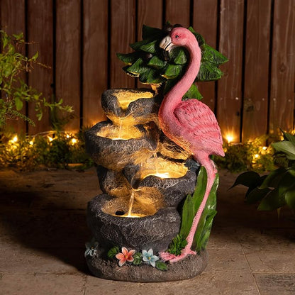 Glitzhome Outdoor Water Fountain, 4-Tiered Flamingo Outdoor Fountain with Lights, 23.5" H Polyresin Decorative Waterfall Feature Garden Fountain with Pump for Garden, Patio, Yard, Deck, Porch Decor