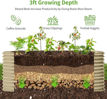 Land Guard 8x4x3ft Oval Galvanized Raised Garden Beds, Large-Capacity Metal Planter Box Outdoor, Durable Deep Raised Garden Bed 3ft Tall, Raised Beds for Gardening Vegetables, Cream Yellow