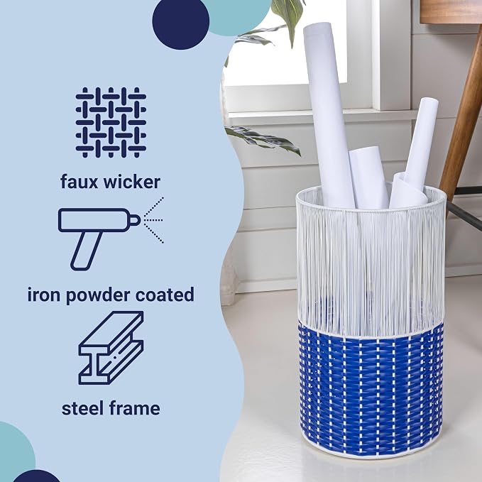 happimess HPM1101A Harper Modern 4.13-Gallon 2-Tone Faux Wicker Cylinder Waste Basket, White/Blue for Home, Bathroom, Living Room, Office, Bedroom, Kitchen