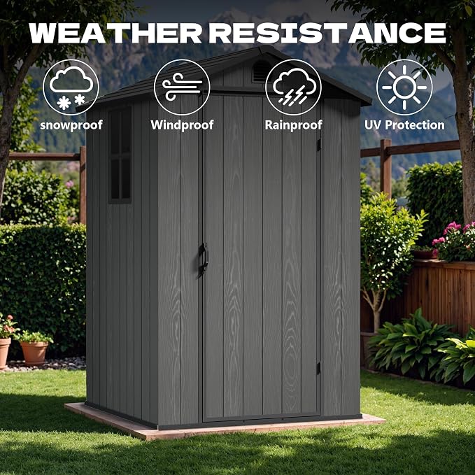 Devoko 4×4 FT Resin Storage Sheds with Floor, Plastic Outdoor Tool Shed with Windows, Waterproof Outside Sheds and Lockable Doors for Backyard Lawn Garden, Dark Gray