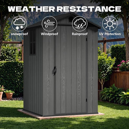 Devoko 4×4 FT Resin Storage Sheds with Floor, Plastic Outdoor Tool Shed with Windows, Waterproof Outside Sheds and Lockable Doors for Backyard Lawn Garden, Dark Gray