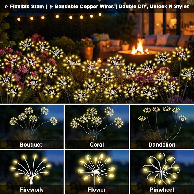 Solar Garden Lights Outdoor, Upgraded Solar Swaying Starburst Light Waterproof with 2 Modes, Solar Fairy Firework Lights for Yard Patio Pathway Flowerbed Balcony Garden Decoration (Warm White, 4 Pack)