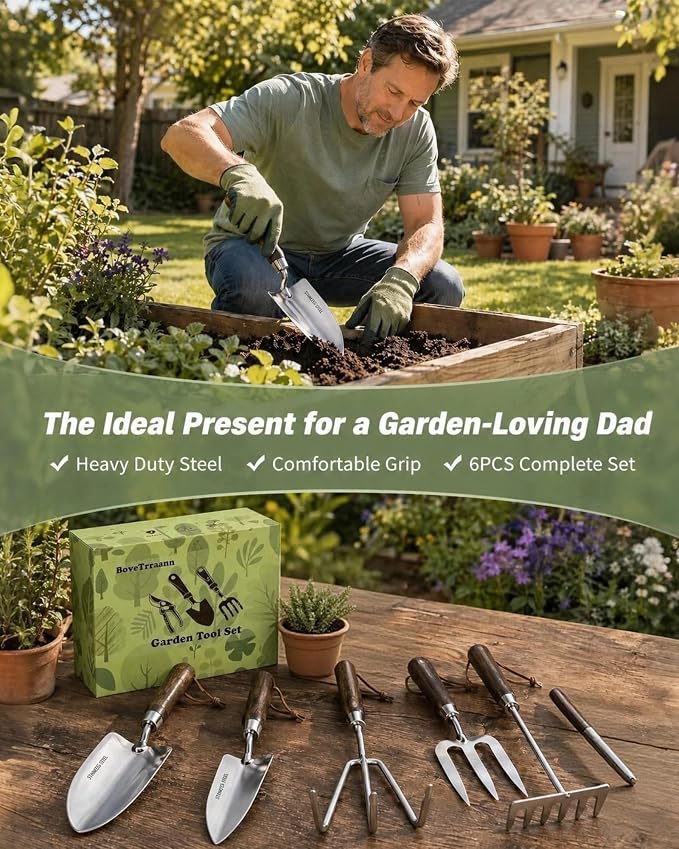 Garden Tool Set, 6PCS Heavy Duty Stainless Steel Gardening Hand Tools with Ropes, Includes Hand Cultivator Shovel Trowel Transplanter 2-in-1 Hoe Pruner, Ideal Gardening Gifts for Women Men (Classic)