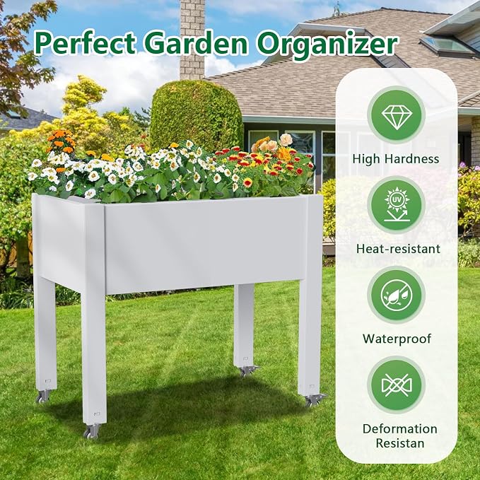 PatioZen Raised Garden Bed with Legs, 28.9" Tall Self-Watering Raised Planter Box with Lockable Wheels, Drainage Plug and Gauge for Vegetables Flowers, Rustproof Resin for Backyard Patio (Ashen)
